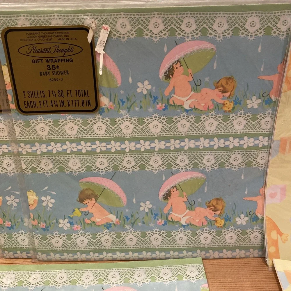 Vintage‎ Gift Wrap Lot Sheet Babies Baby Shower Bunnies Pleasant Thoughts